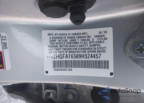 2009 Honda Civic Lx z USA, uszkodzony, nr VIN 2HGFA16589H524457